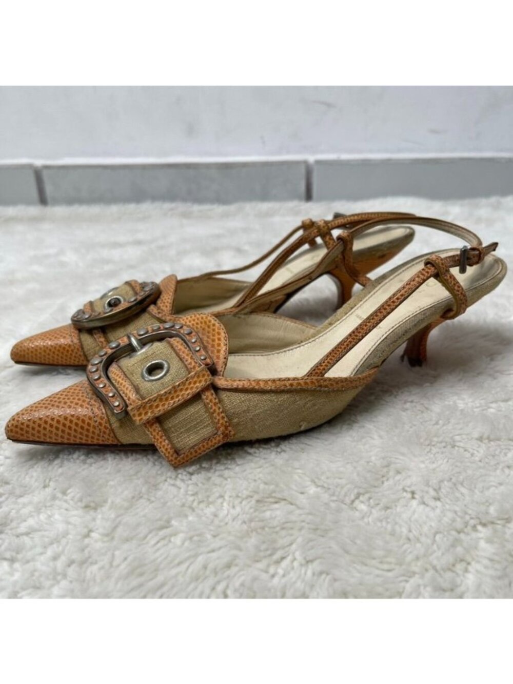 Vintage Prada Slingback Mules Size 36 Orange Snakeskin Leather Buckle Kitten Hee - Picture 3 of 15
